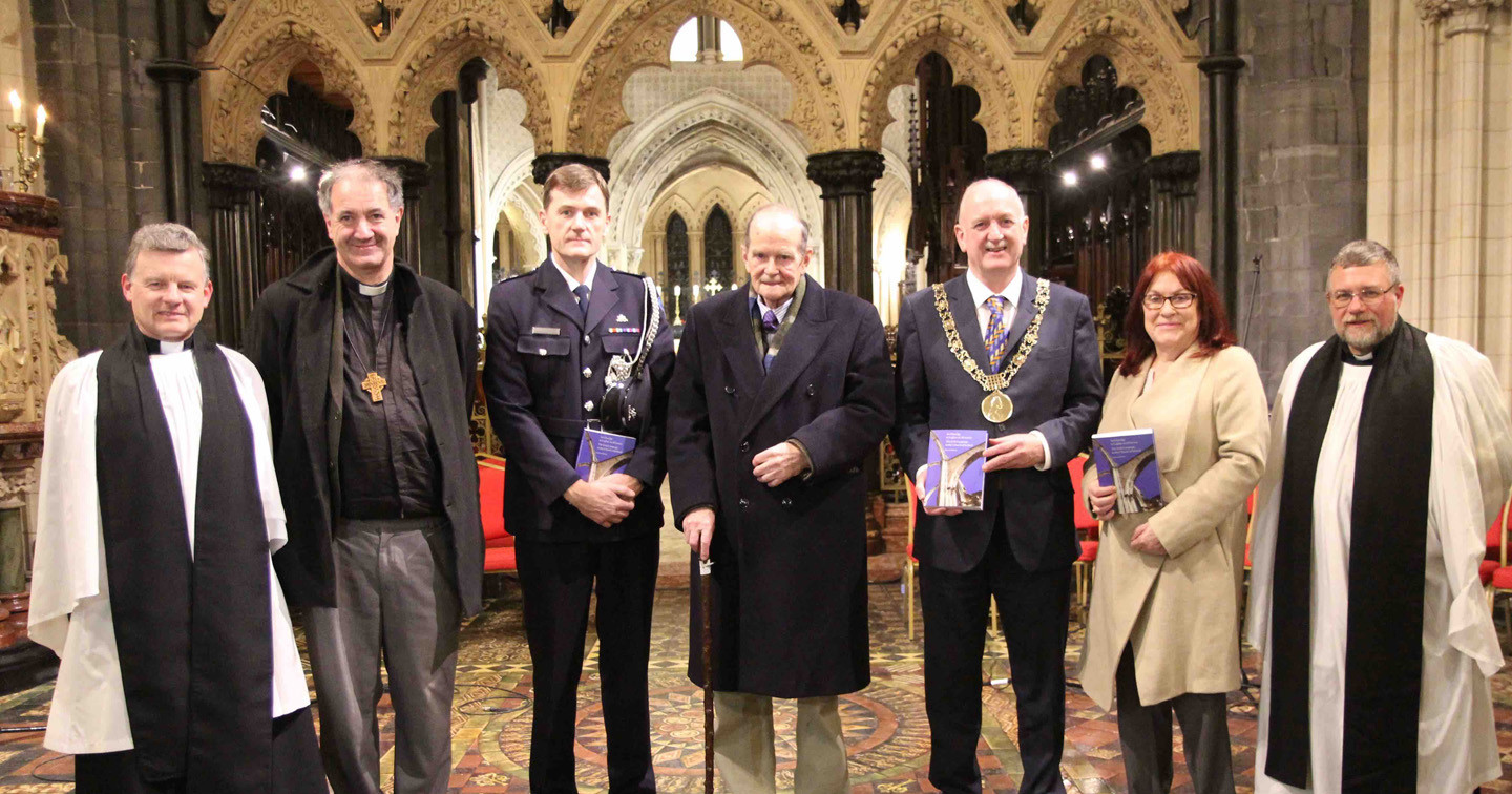 The Revd Trevor Sargent, Bishop Michael Burrows, ADC to the Lord Mayor, Martin McCabe, Risteard Giltrap, Lord Mayor of Dublin Nial Ring, Bibi Baskin and the Revd David Oxley.
