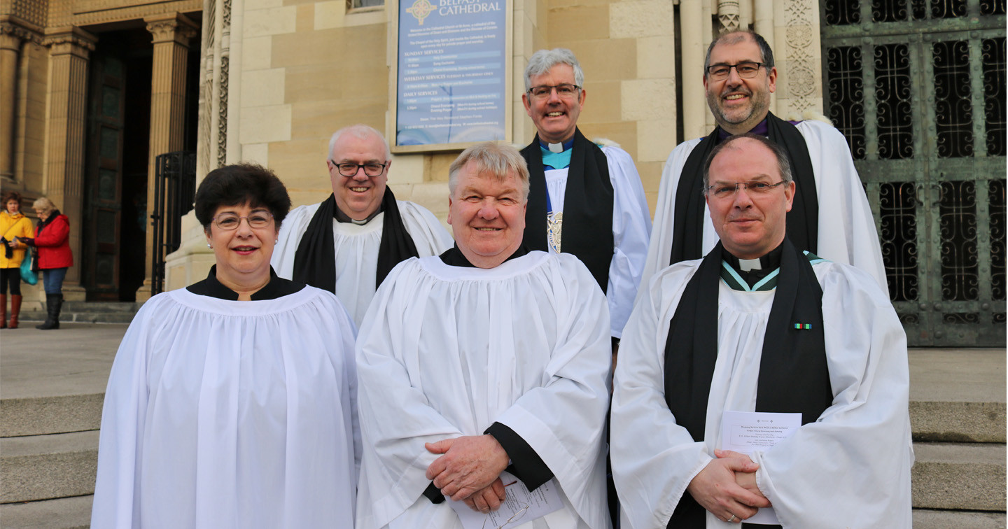 Before the service for the commissioning of Lay Readers at Belfast Cathedral on January 27 are, from left: Mrs Gillian McCaughey; the Rev Eddie Coulter, Lambeg; Dr Brian Bennet; Dean Stephen Forde; Archdeacon George Davison, Bishop’s Commissary (back), and the Rev Kevin Graham, Connor Warden of Readers.