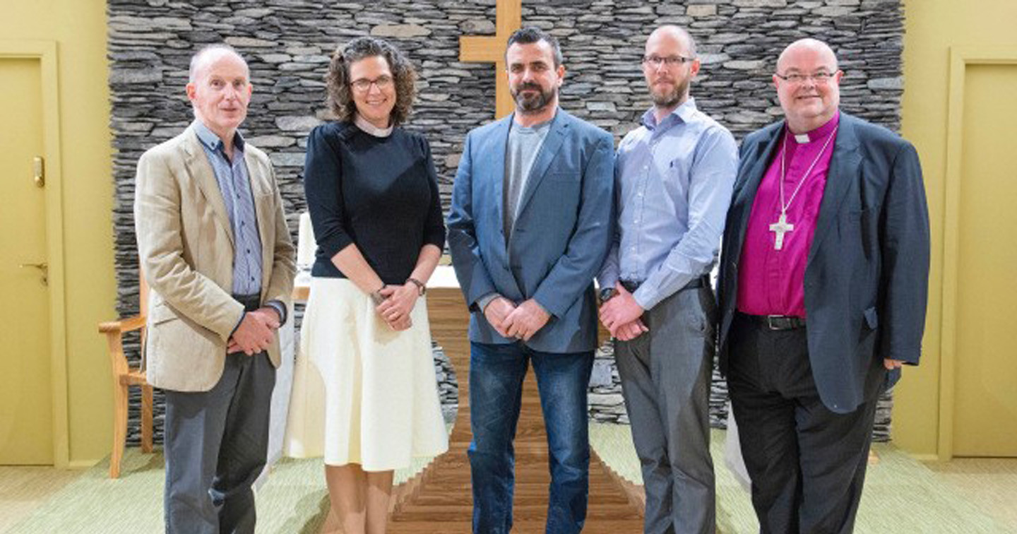 At the consecration of the St Luke’s Home Chapel were (left to right) Anthony Aylward (sanctuary furniture maker), the Reverend Sarah Marry, Eoin Turner (stained glass artist), Brian McKeown (architect) and the Bishop. Photography by Gerard McCarthy.