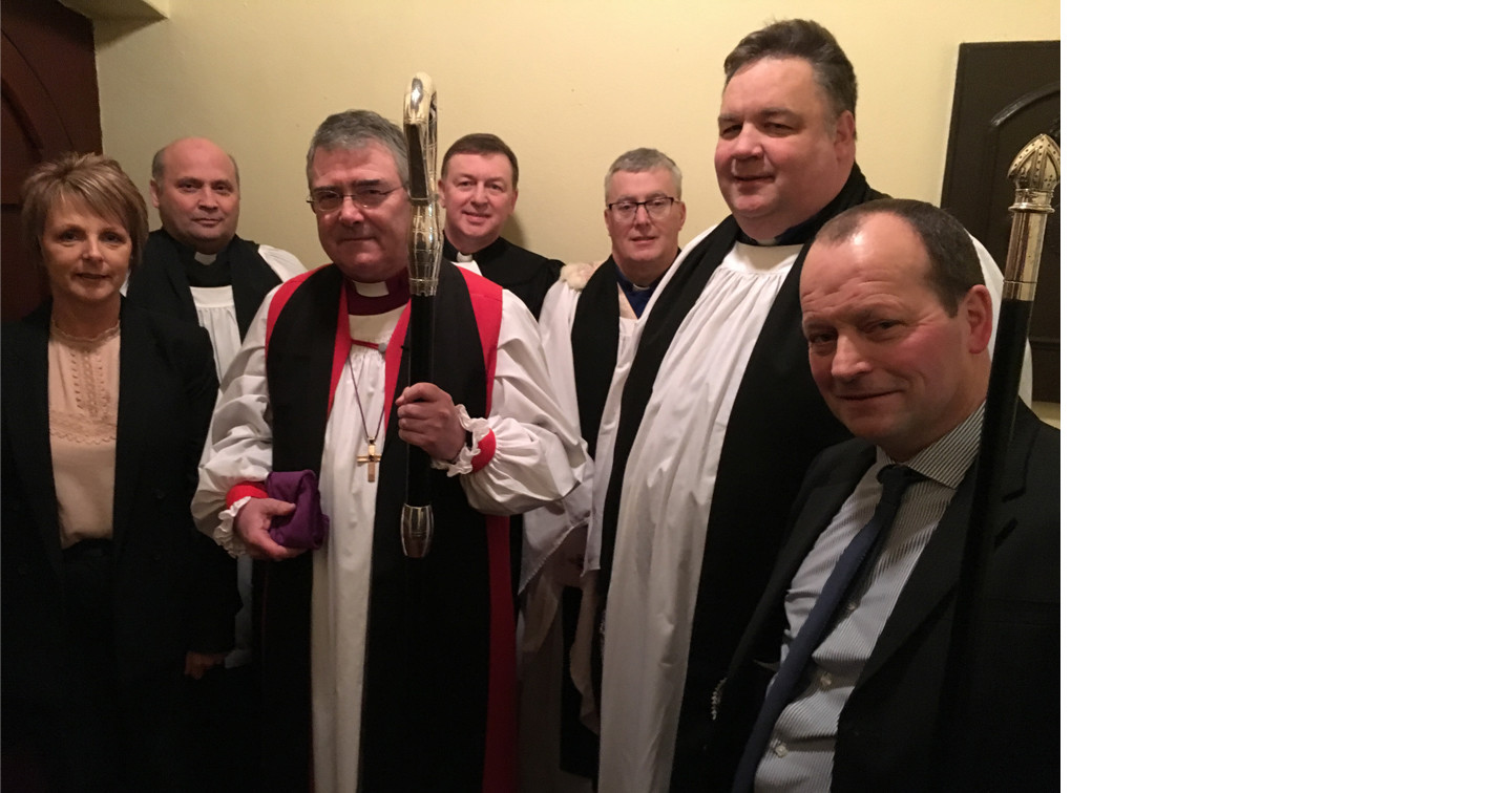 The Revd Canon Mark Watson (second right), who was instituted Rector of Maguiresbridge and Derrybrusk Group of Parishes with (from left) Mrs Jean Kennedy, Churchwarden; the Revd Alan Irwin, Rector of Colaghty Parish who preached the sermon; the Bishop of Clogher, the Right Revd John McDowell; the Revd John McClenaghan, Registrar; Archdeacon Brian Harper and Mr David Graydon, Churchwarden.
