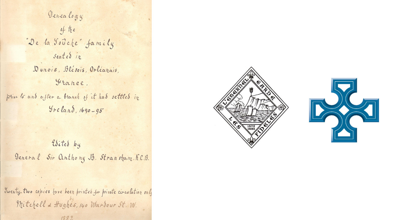 Left: The title page from a genealogy of the La Touche family, RCB Library Ms 128. Right: The logo of the Huguenot Society of Great Britain and Ireland with the Church of Ireland cross.
