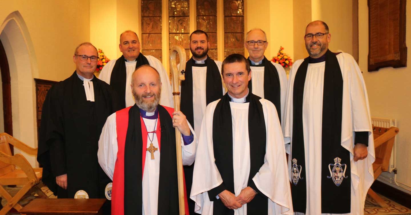 The new vicar of Carnmoney, the Revd Andy Heber, front right, with the Bishop of Connor, the Rt Revd Alan Abernethy, front left, at the Service of Institution in the Church of the Holy Evangelists on October 18. Back row, from left: The Revd Canon William Taggart, Registrar; the Revd John McClure, Bishop’s Chaplain; the Revd Brian Lacey, North Belfast Rural Dean; the Revd Alan Barr, preacher; and the Ven George Davison, Archdeacon of Belfast.