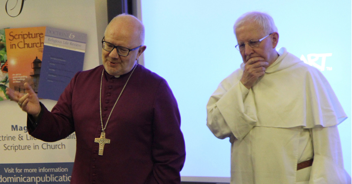 Archbishop Richard Clarke speaking at the launch of his book ‘Shouldering the Lamb’. Also pictured is Bernard Tracey OP, the publisher.