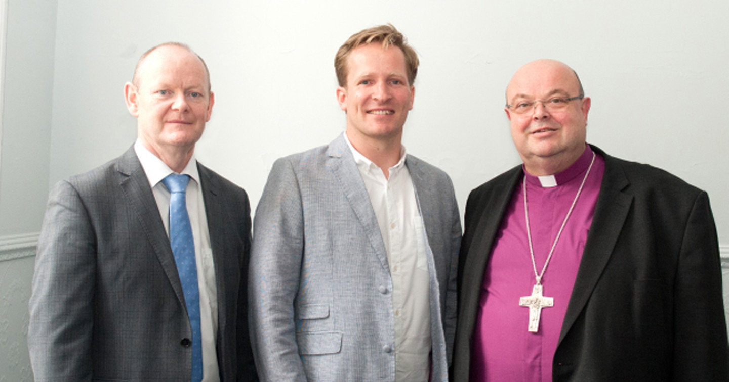 Co–Patrons of Ashton School, Cork Education and Training Board (represented by Mr Pat Kelvey), and the Right Reverend Dr Paul Colton, Bishop of Cork, with Peter Foott. Photo: Hilary Herbert.