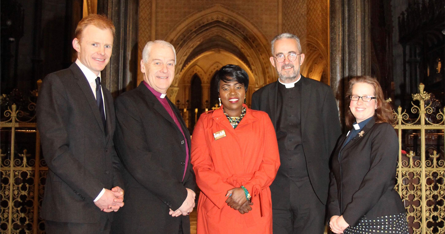 Nick Henderson, CEO of the Irish Refugee Council; Archbishop Michael Jackson; Ellie Kisyombe, founder of Our Table; Dean Dermot Dunne and the Revd Abigail Sines.