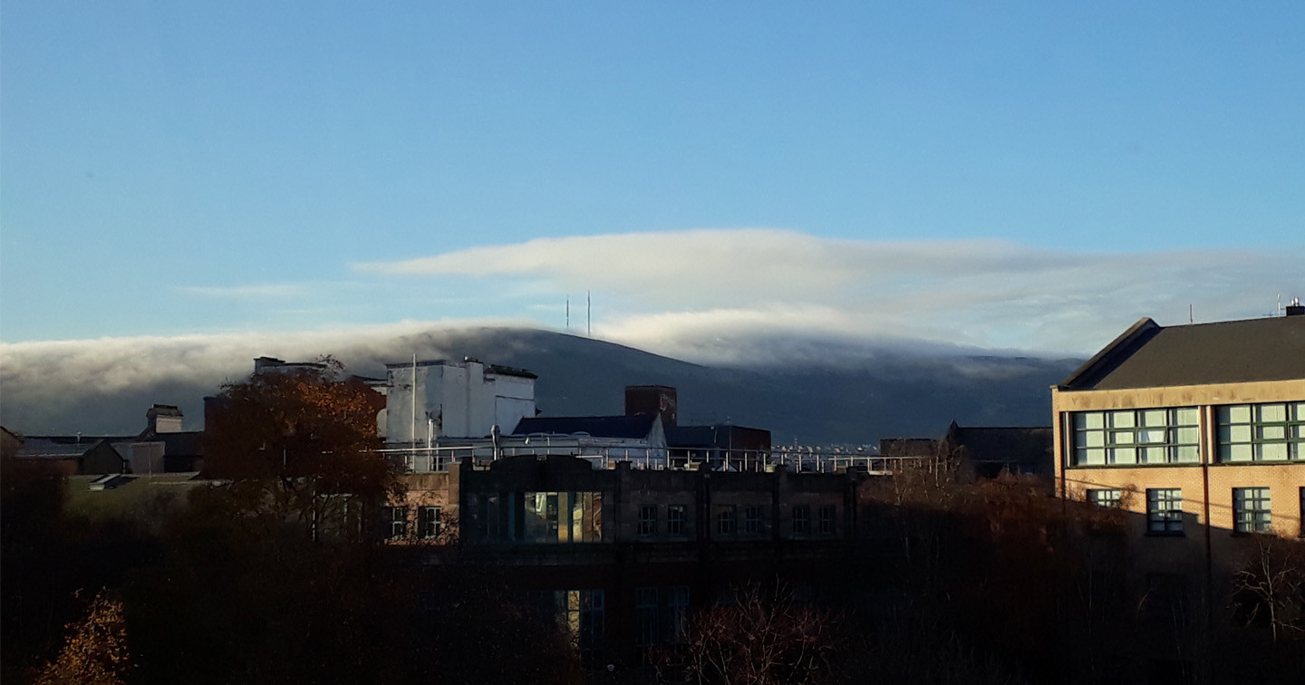 Low cloud caps the Belfast Hills on a wintry morning.
