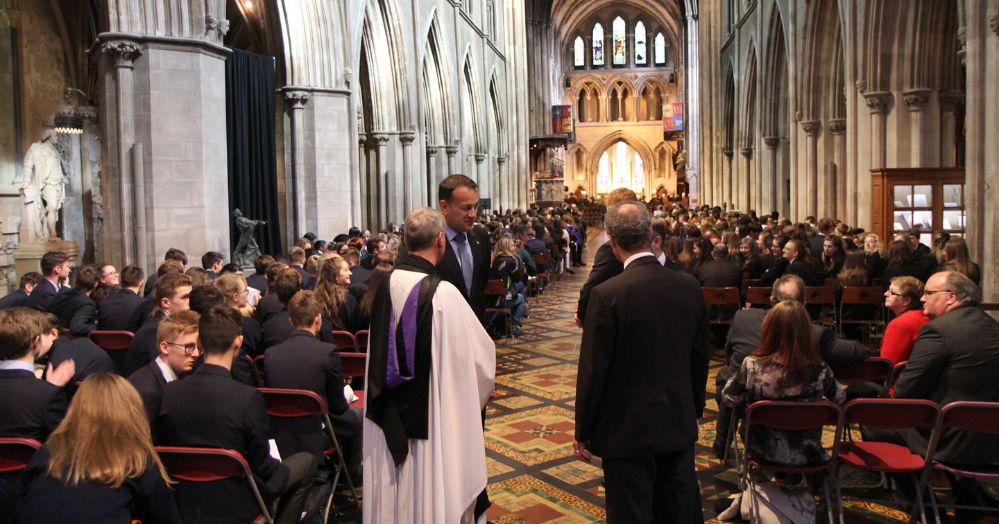 Minister Leo Varadkar talks to Canon Charles Mullen, Andrew Forrest and Dr Ken Fennelly in St Patrick’s Cathedral which was full to capacity with students for the Second Level Schools Service. 