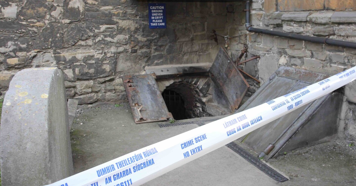 The entrance to the crypt of St Michan’s Church in February 2019 following vandalism and the theft of the head of The Crusader. Now the crypt is a crime scene once again.