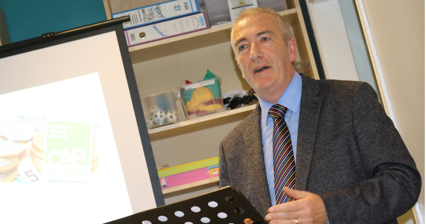 Connor Diocesan Development Officer Trevor Douglas addresses guests during the visit of the Belfast Lieutenancy to Connect Base.