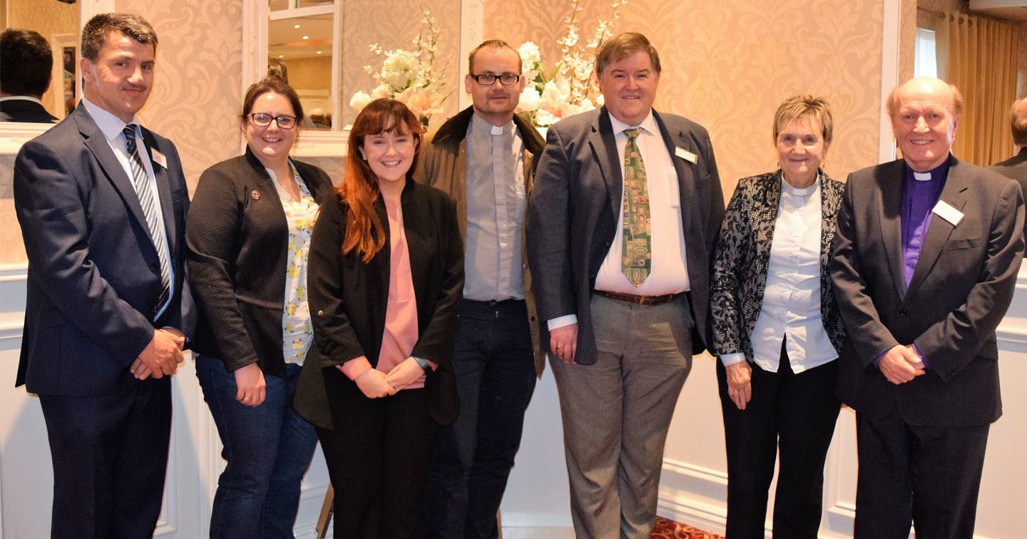 Sarah Taylor (Diocesan Treasurer and Administrator, third left) with the Honorary Secretaries - George Taylor, Deborah Davitt, Sarah Taylor, the Revd Alistair Donaldson, Dr Nicholas Lipscomb, and the Revd Hazel Hicks - and Bishop Ferran Glenfield.