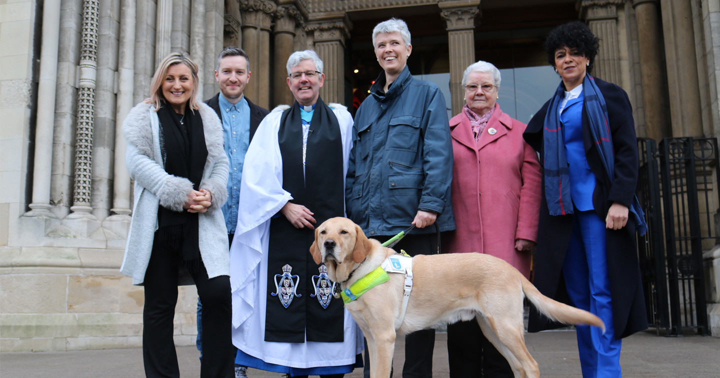 At the annual Good Samaritans Service at Belfast Cathedral on February 3, are, from left: Lynda Bryans, special guest; Peter Kernoghan, No More Traffik; Dean Stephen Forde; Diane Marks, Guide Dogs NI with Morris; Kathleen McGarrity, Colmcille Senior Citizens Club, Omagh, and Carolyn Stewart, Youth Lyric.  Two hundred and twenty charities received grants totalling £168,000 raised at the Christmas 2018 Black Santa Sit-out.