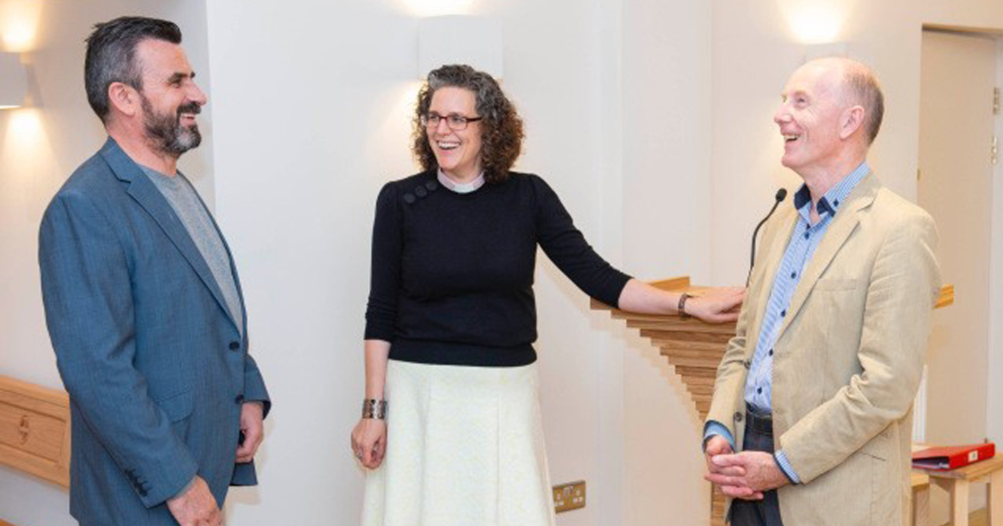 Eoin Turner (stained glass artist), the Reverend Sarah Marry (chaplain), and Anthony Aylward (furniture maker). Photography by Gerard McCarthy