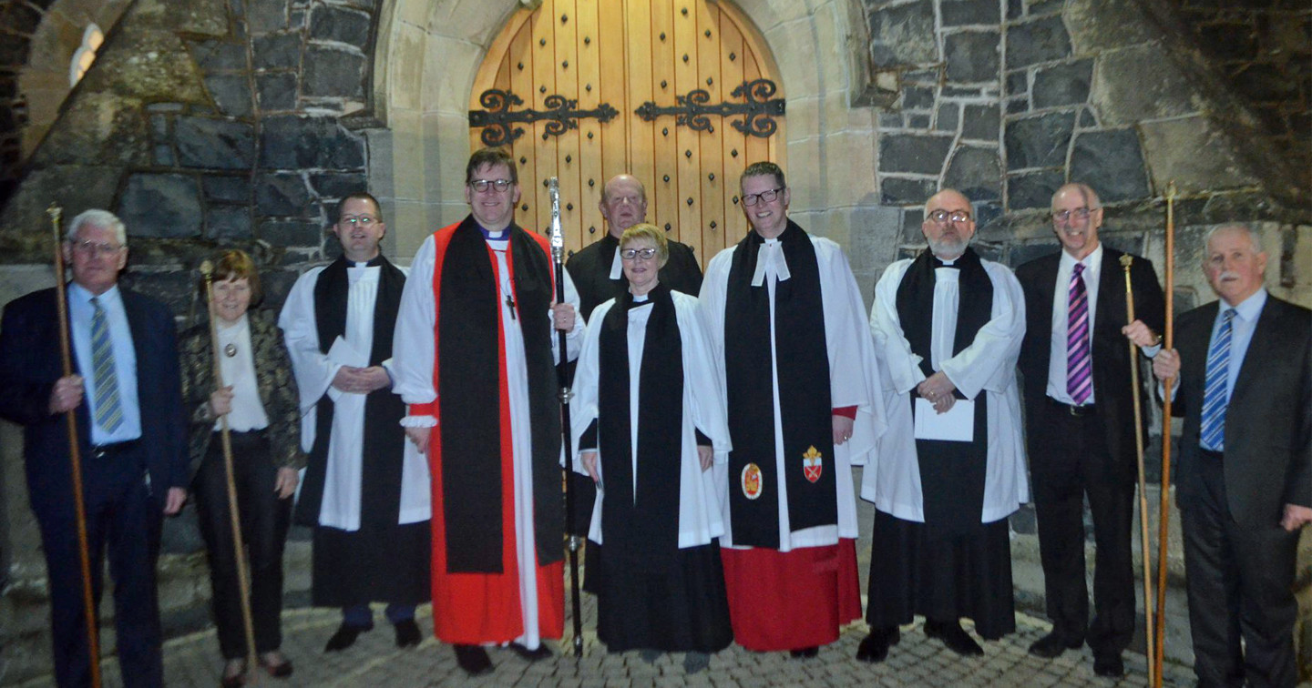 Clergy and church wardens gather outside Kilcronaghan Parish Church before the Service of Institution.