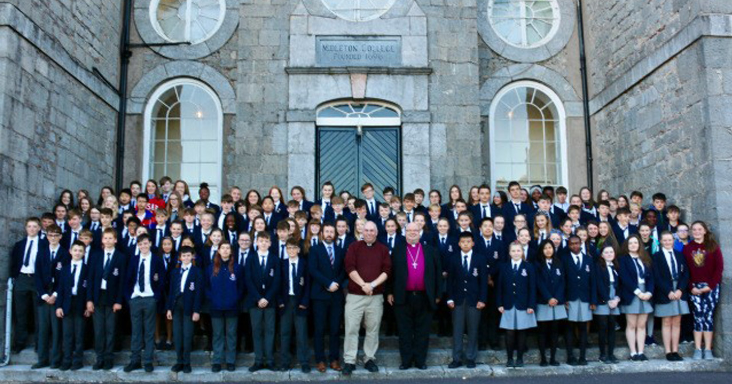 Following the whole school assembly at Midleton College, first and second year students gathered with the Principal, Dr Edward Gash, and the Bishop, to welcome the new Chaplain, the Reverend Andrew Orr.