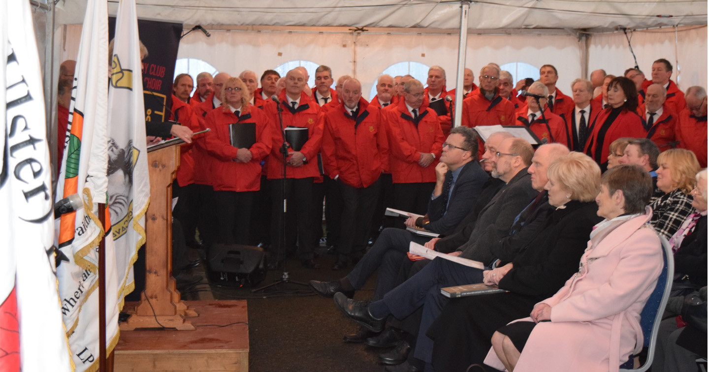 Fr  Séan McDermott and Dean Nigel Crossey with Minister Heather Humphreys and other dignitaries, and the Cavan Rugby Choir. Those pictured include Cllr Madeline Argue (Cathaoirleach, Cavan County Council), Tommy Ryan (Chief Executive Officer, Cavan County Council), and Eoin Doyle (Director of Services, Cavan County Museum). 