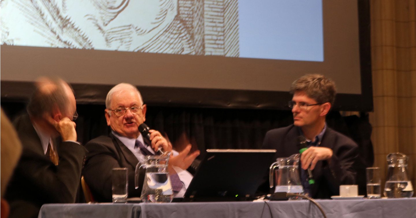 Professor John Morrill (centre) chairs the second session of the 'Reformation 500' conference with keynote speakers, Professor Peter Marshall (left) and Professor Alec Ryrie (right).