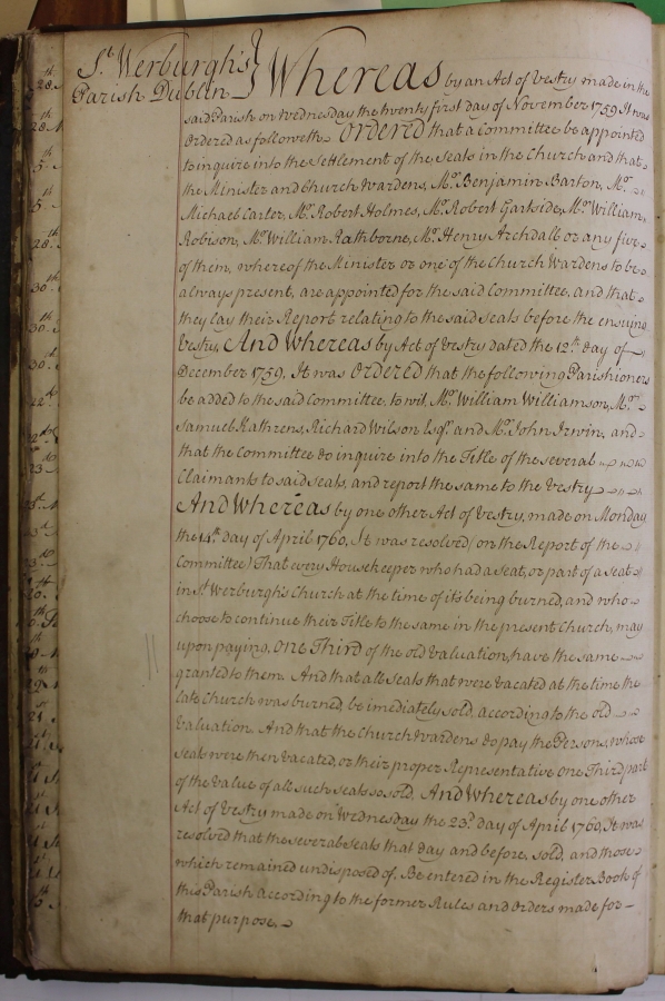 Act of Vestry 1760 detailing regulations for sale of pews after refurbishment,  RCB Library P326.28.3
