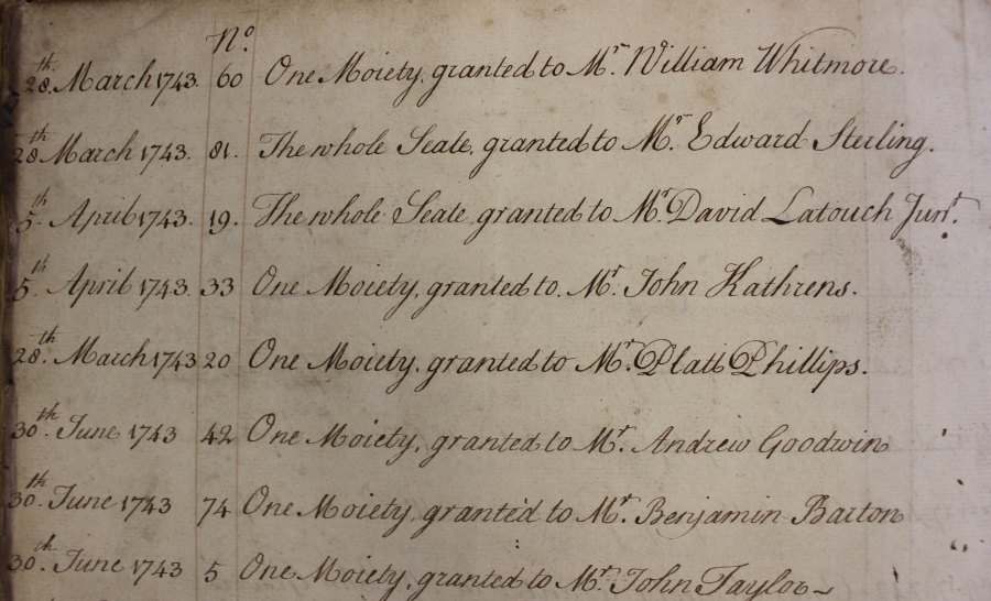 Entry dated 5 April 1743 granting David La Touche Jr pew  number 19,  RCB P326.28.3