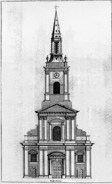 St Werburgh's church as it appeared in 1728 from Brooking's map of the city of Dublin in Wheeler and Craig, The Dublin City Churches
