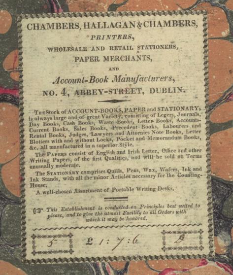 Advertisement for Chambers, Hallagan & Chambers inserted on the inside cover of Killoughter Parish vestry book. Such incidental information may prove useful for those interested in researching stationary suppliers or commercial life in Dublin in the early 19th century