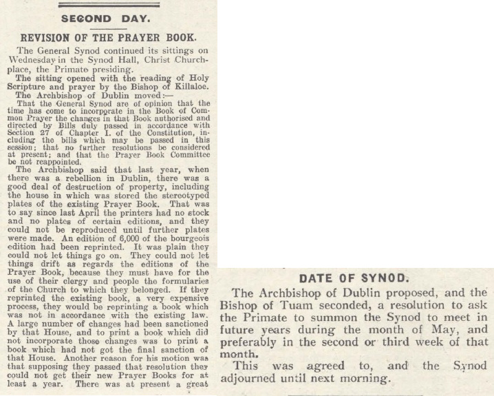 Extracts from the Supplement on the General Synod, discussing the future dates of the Synod and the revision of the Prayer Book, April 1917