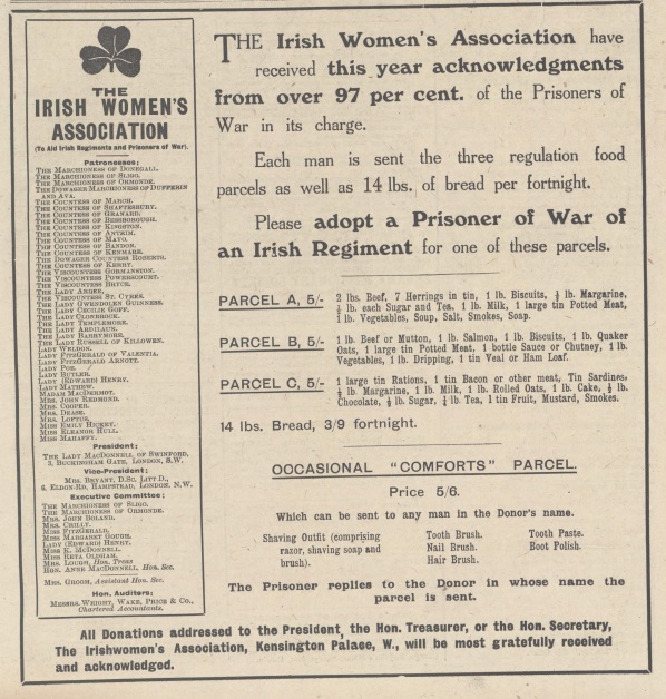 Appeals for aid for prisoners of war were a common sight in the Church of Ireland Gazette, 20 April 1917