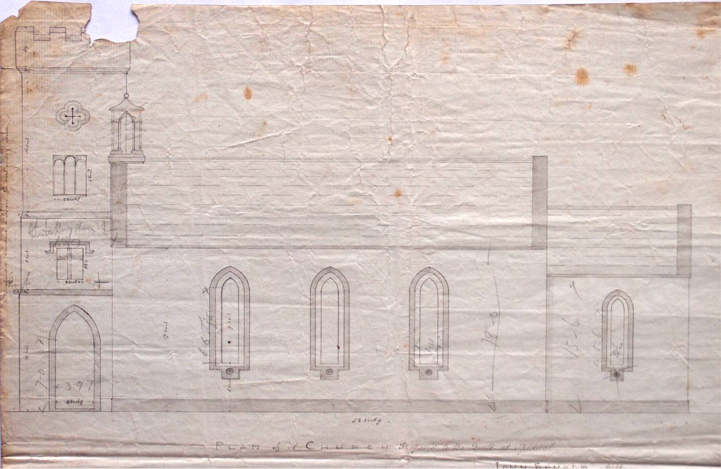 The church for Spiddal parish was church designed by a John Semple (possibly the Dublin architect). His plan shows a simple nave and chancel church with alternative west gable arrangements. Semple allowed for either a bellcote on the west gable or a four stage western tower and entrance porch with battlemented parapet level, RCB Library PF/26