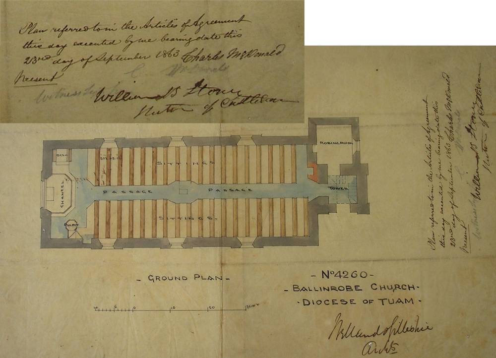 Internal rearrangements for Ballinrobe parish church interior plan, as executed by Welland and Gillespie, under the terms of ‘Articles of Agreement' bearing date 23 September 1863, as signed off by the rector and various other diocesan officials, with detail of various signatories, RCB Library PF/26