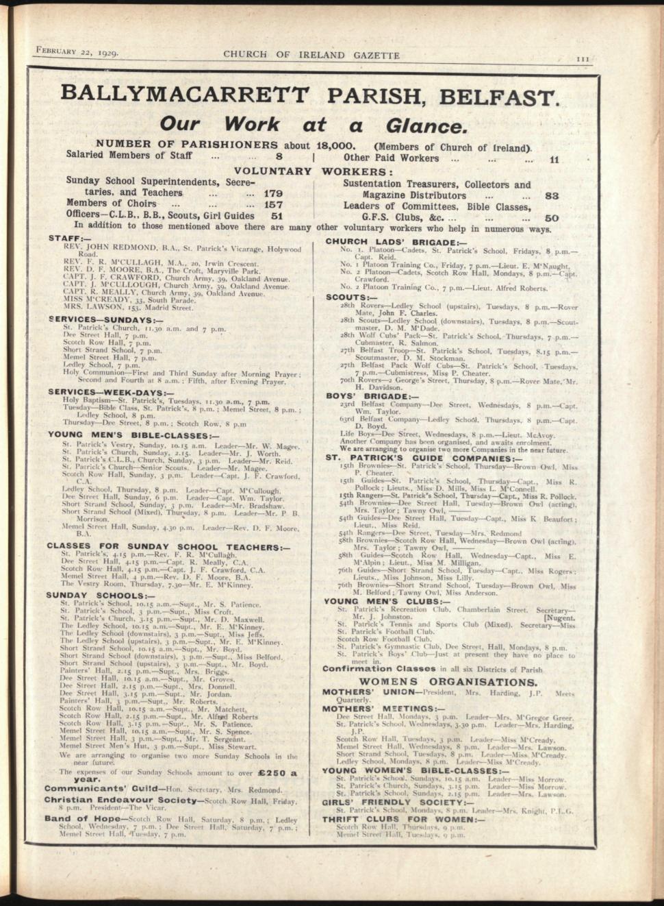 Full page coverage of the work of the parish, Church of Ireland Gazette 22 February 1929
