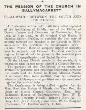 A column in the 10 May 1929 edition of Gazette reveals north-south collaboration to ensure the continued success of the church at Ballymacarrett, just as Redmond was leaving