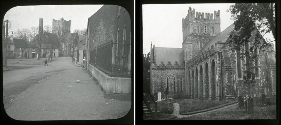 Two shots of Kildare Cathedral entitled: ‘St Brigid's Cathedral, Kildare, and Round Tower, 8 February 1935' and ‘St Brigid's Cathedral, Kildare'
