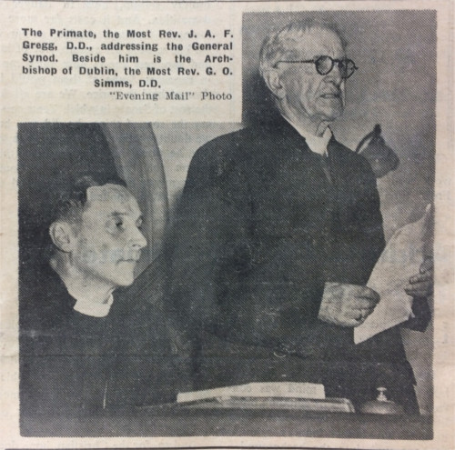 The aging primate and Archbishop of Armagh, John Gregg, alongside the youthful Archbishop of Dublin, George Otto Simms, at the General Synod in May 1957