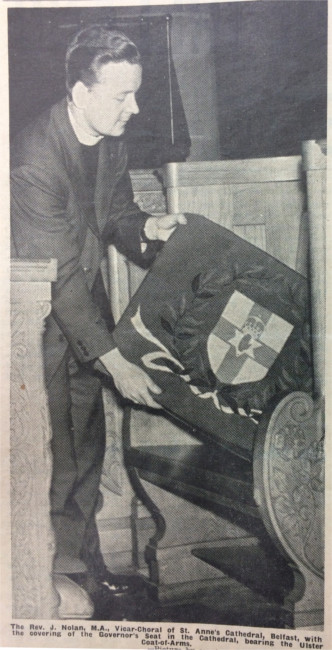 The installation of the Governor’s Seat in St Anne’s Cathedral, Belfast, as featured in the edition of 19 July 1957