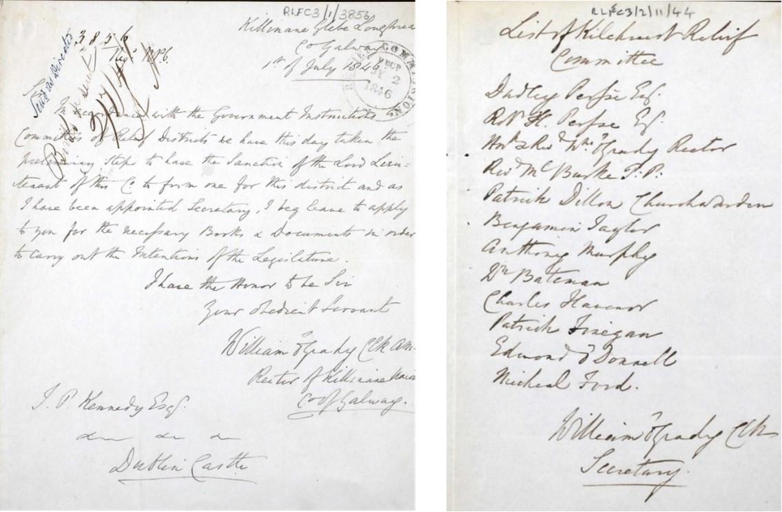 Left: Letter to Dublin Castle  Right: Members of Kilchreest Famine Relief Committee (Courtesy of the Director of the National Archives of Ireland, Famine Relief Collection)