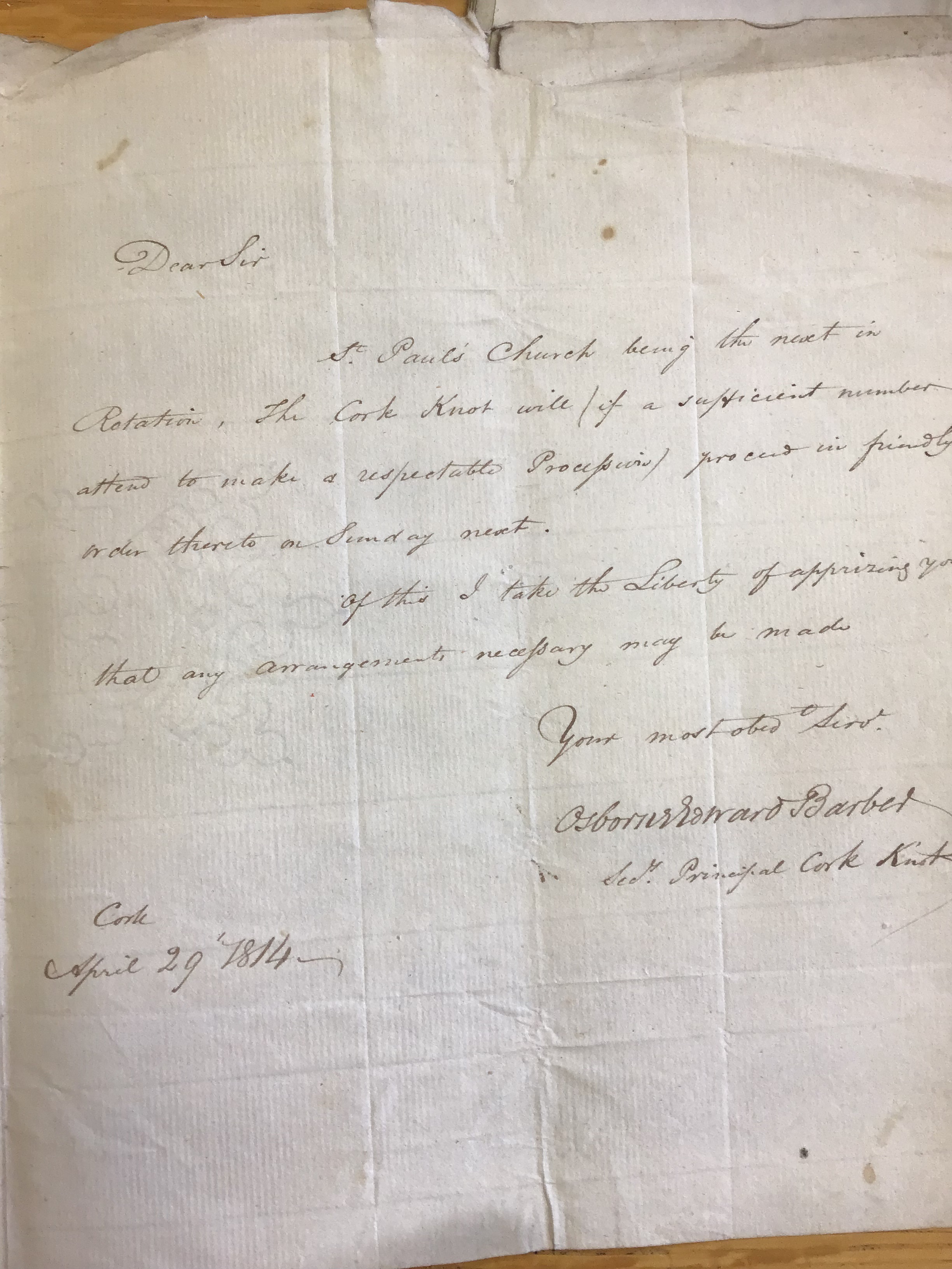 A letter from Osborne Edward Barber, Second Principal, Cork Knot, presumably to the rector, dated 29 April 1814.