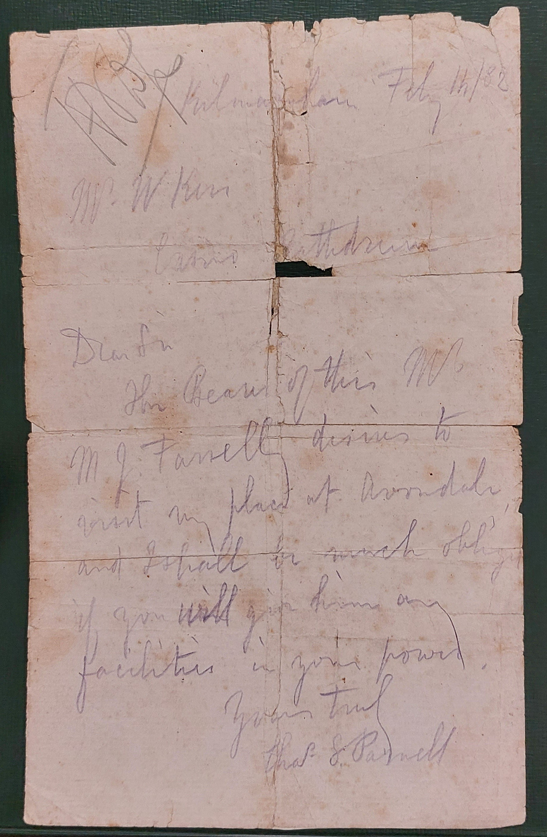Letter from Charles Stewart Parnell to William Kerr 1882, RCB Library, MS 994.