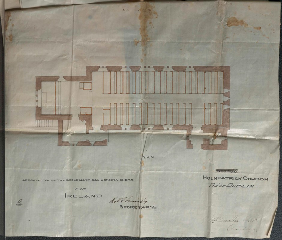 J.E. Rogers, “Holmpatrick Church. Diocese of Dublin. Plan (No 5566). Approved of by the Ecclesiastical Commissioners for Ireland. Robt. F. Franks. Secretary. William Lee Archt. Commissary,” RCB Library Architectural Drawings, https://archdrawing.ireland.anglican.org/items/show/9529.