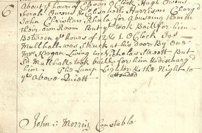 Event log for the night of the 30 Oct. 1765