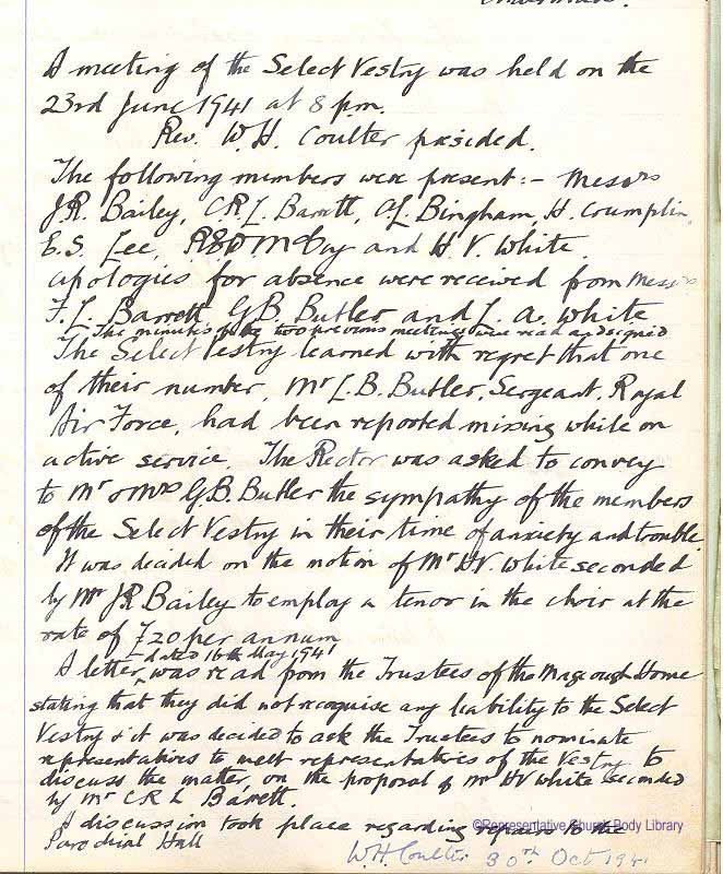 Vestry minute book Milltown parish, recording Leslie Butler missing in action, 23 June 1941
