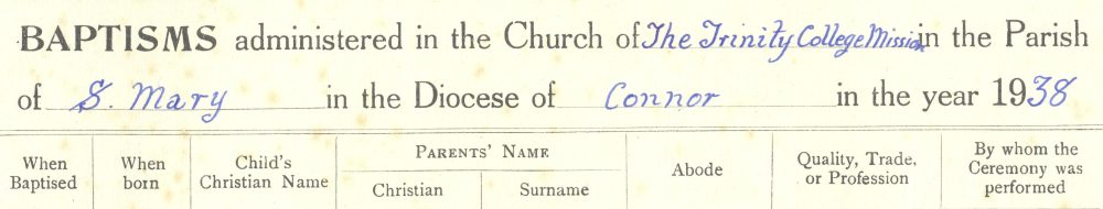 Baptismal register for the TCD Mission in Belfast, RCB Library P782.2.1