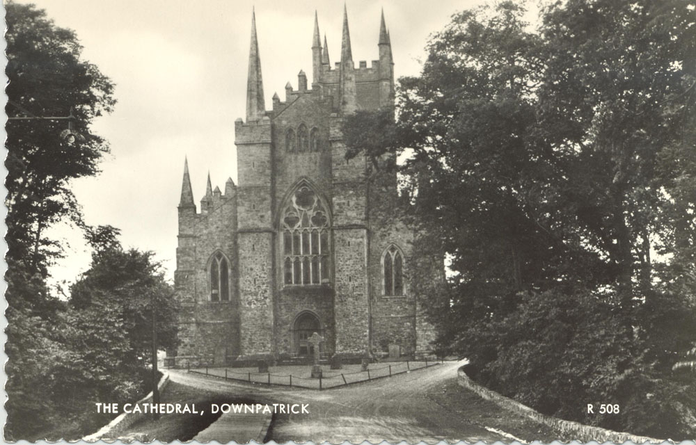 Postcard showing Down cathedral in the late 19th-century as re-configured following the removal of a tower, RCB Library postcard collection