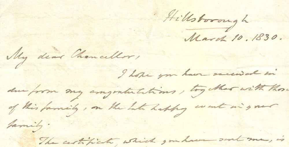 Letter of congratulations on the birth of Smyth's child in March 1830, RCB Library Ms 772/3/28.