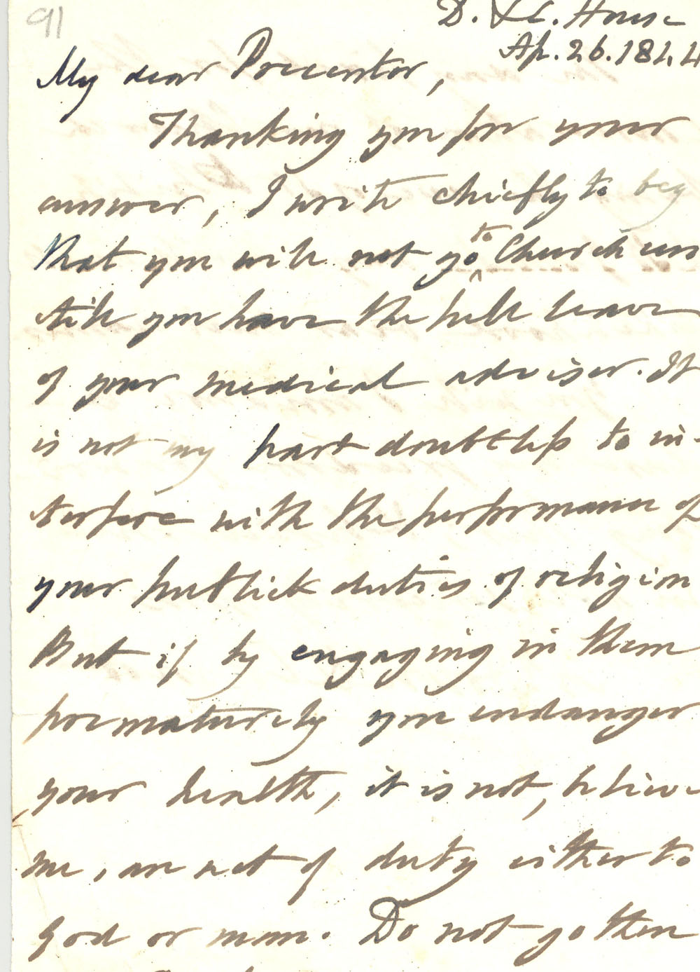 Letter of concern for Smyth's health, April 1844, RCB Library Ms 772/3/91.