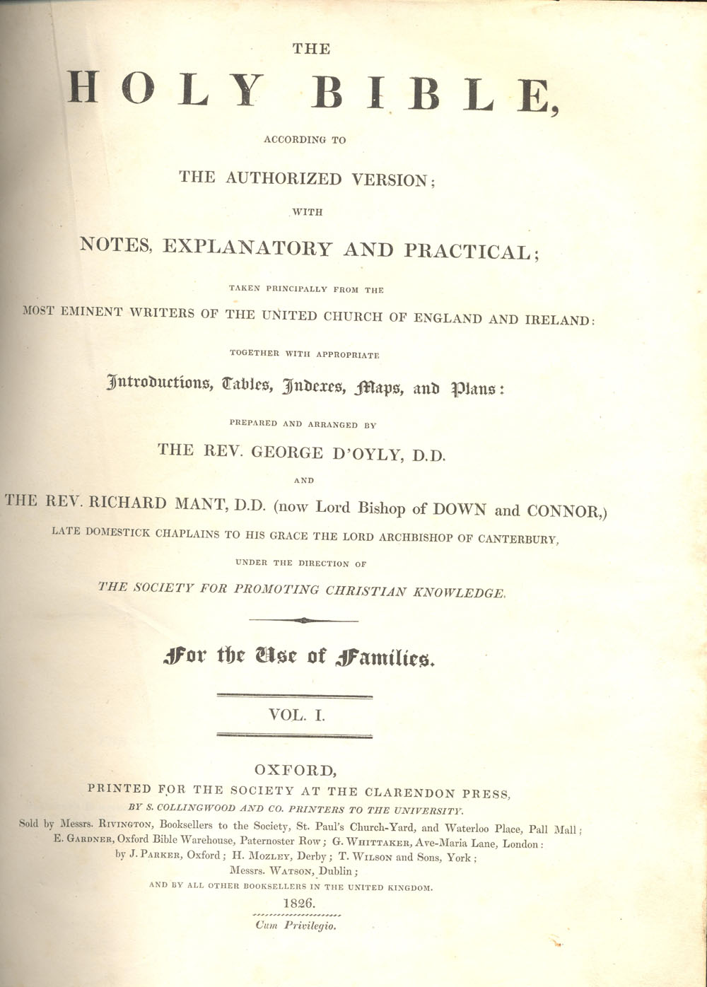 Holy Bible, printed under the direction of the Society for Promoting Christian Knowledge in 1826, for the use of families, with prepared notes and input from Bishop Mant.