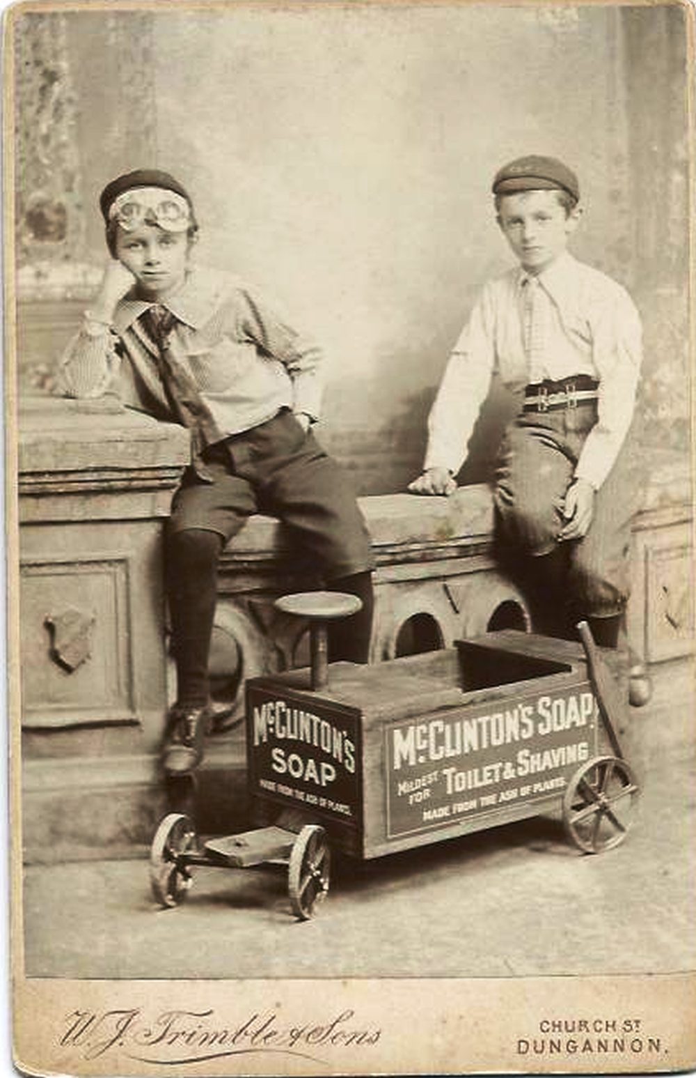 Lawrence and Robert Wilson, sons of the late Revd William Wilson, and nephews of David Brown, who featured in advertising cards for McClinton's soaps, arising from the display at the International Exhibition in 1907, courtesy of Donaghmore Historical Society.