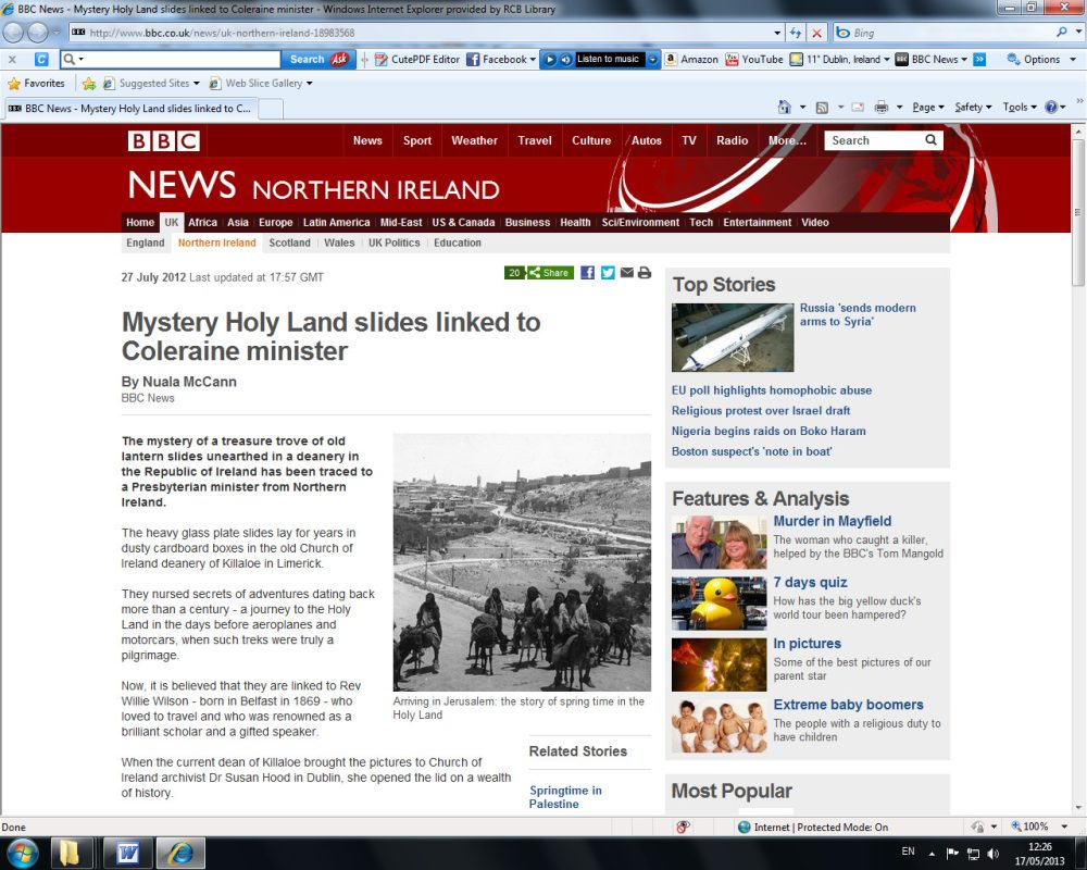 Screen shot of the BBC website feature on our initial presentation, June 2012. ‘Mystery Holy Land slides linked to Coleraine minister': 