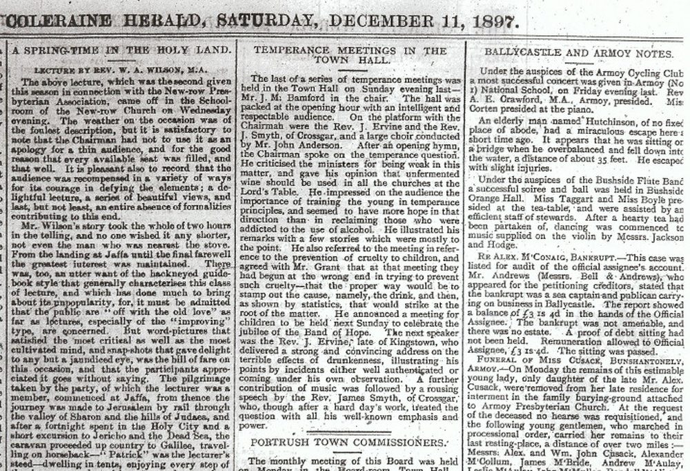 Coleraine Herald, Saturday 11 December 1897. Courtesy of Coleraine Public Library.