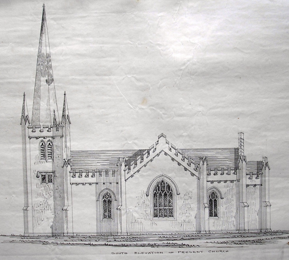 Mid–19th century elevation of Derryloran parish church, as designed by John Nash, and surveyed by Joseph Welland, Principal Architect of the Irish Ecclesiastical Commissioners, from a collection of Welland's architectural drawings, RCB Library MS 139/3.