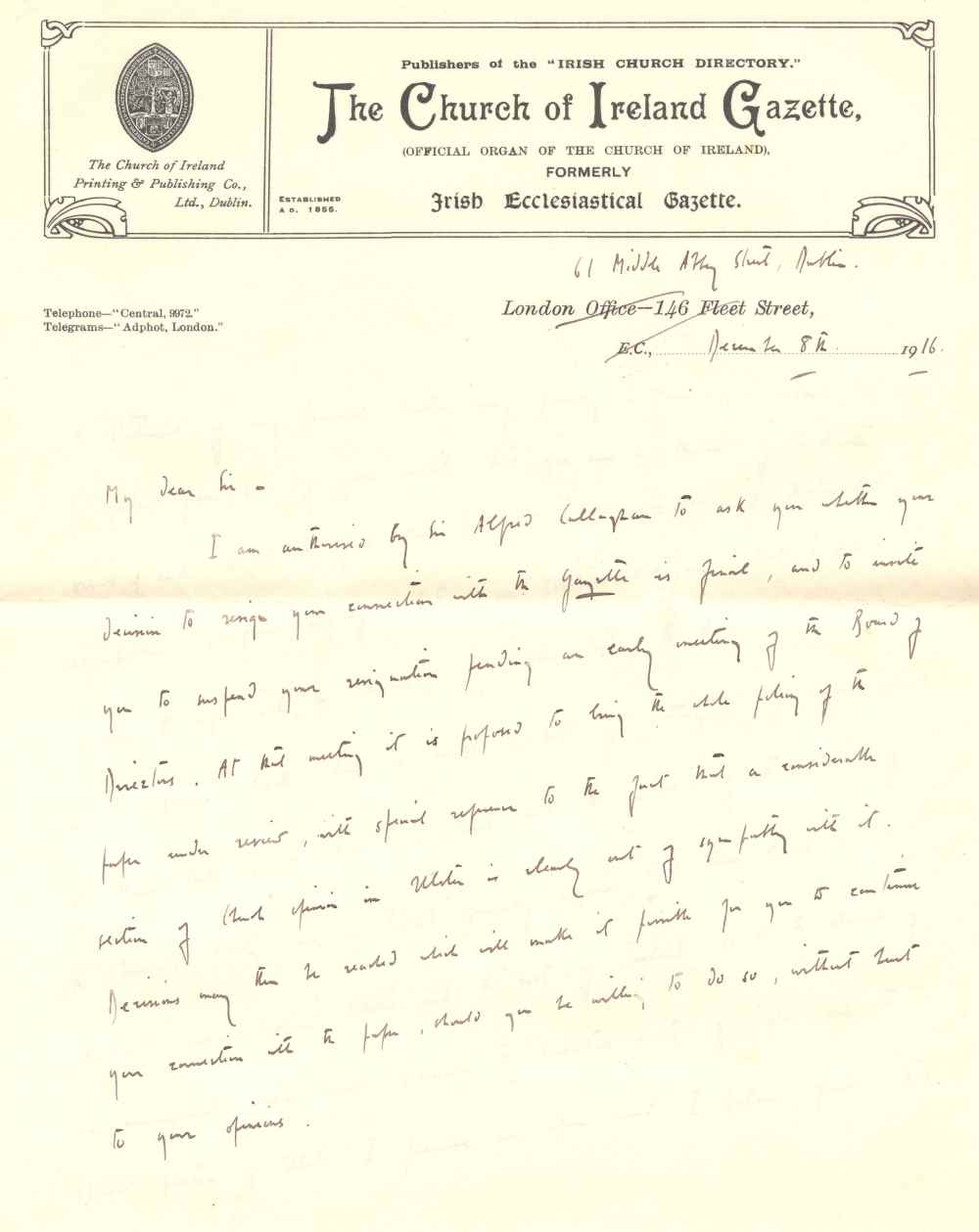 Warre B. Wells, Editor, Church of Ireland Gazette, 61 Middle Abbey   Street Dublin, to ‘My Dear Sir', 9 December 1916, RCB Library MS 813/2/1/8