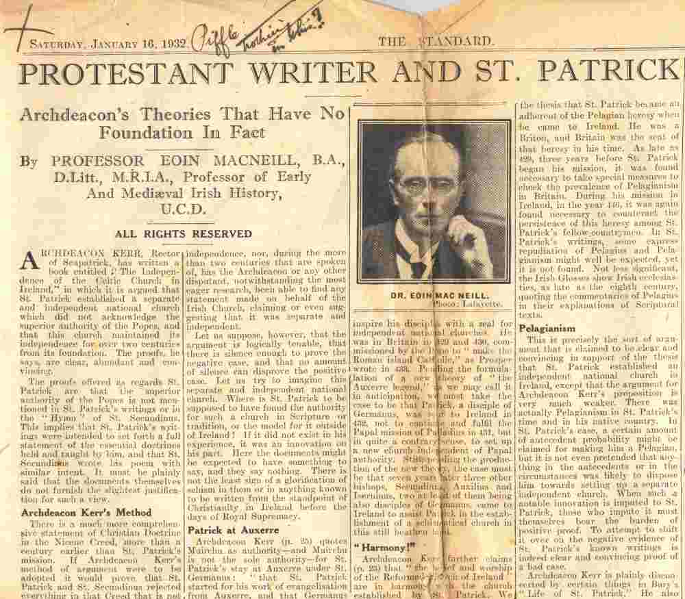 Prof. Eoin MacNeill's critical review of Kerr's Independence of the Irish Church, as published in the Standard newspaper under the heading ‘Protestant Writer and St Patrick', to which Kerr has annotated his dismissive remarks, 16 January 1932, RCB Library MS 813/5/2.